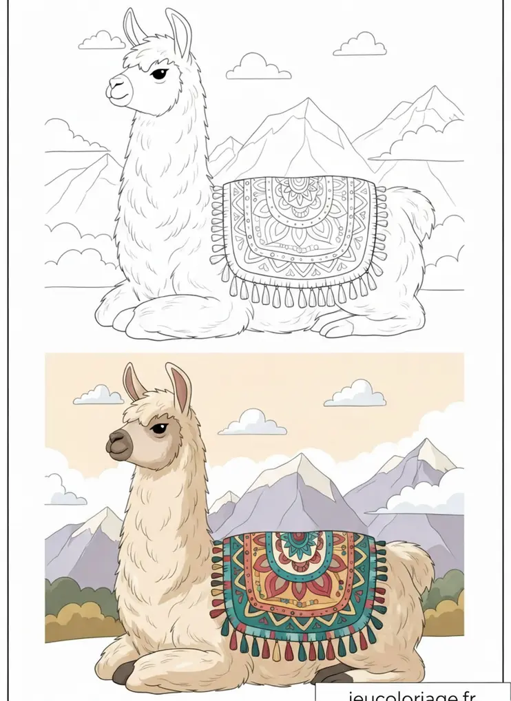Dessin de lama andin coloré avec paysage montagneux