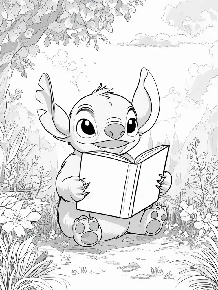 Dessin à colorier de Lilo lisant une histoire à Stitch