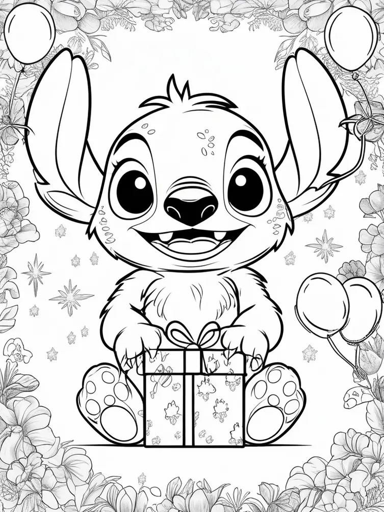 Dessin à colorier de Stitch avec un cadeau et des ballons