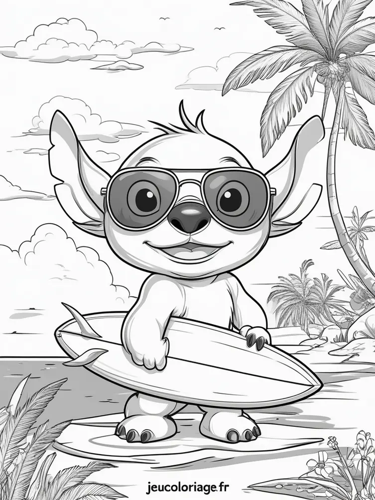 Dessin à colorier de Stitch en mode surfeur avec lunettes de soleil