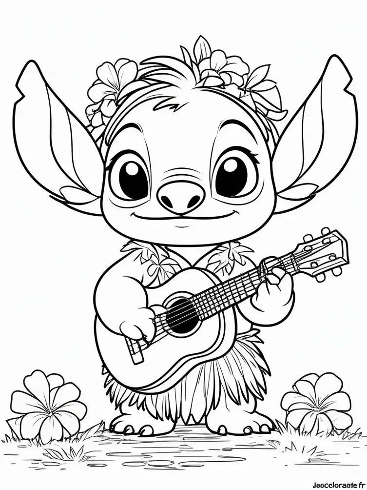 Dessin à colorier de Stitch en tenue hawaïenne avec guitare
