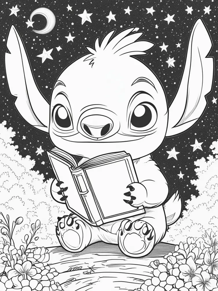 Dessin à colorier de Stitch en train de lire un livre sous les étoiles