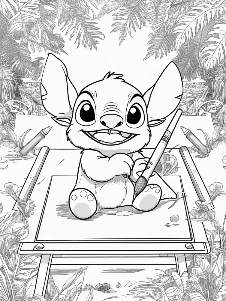 Dessin à colorier de Stitch en train de peindre sur une toile