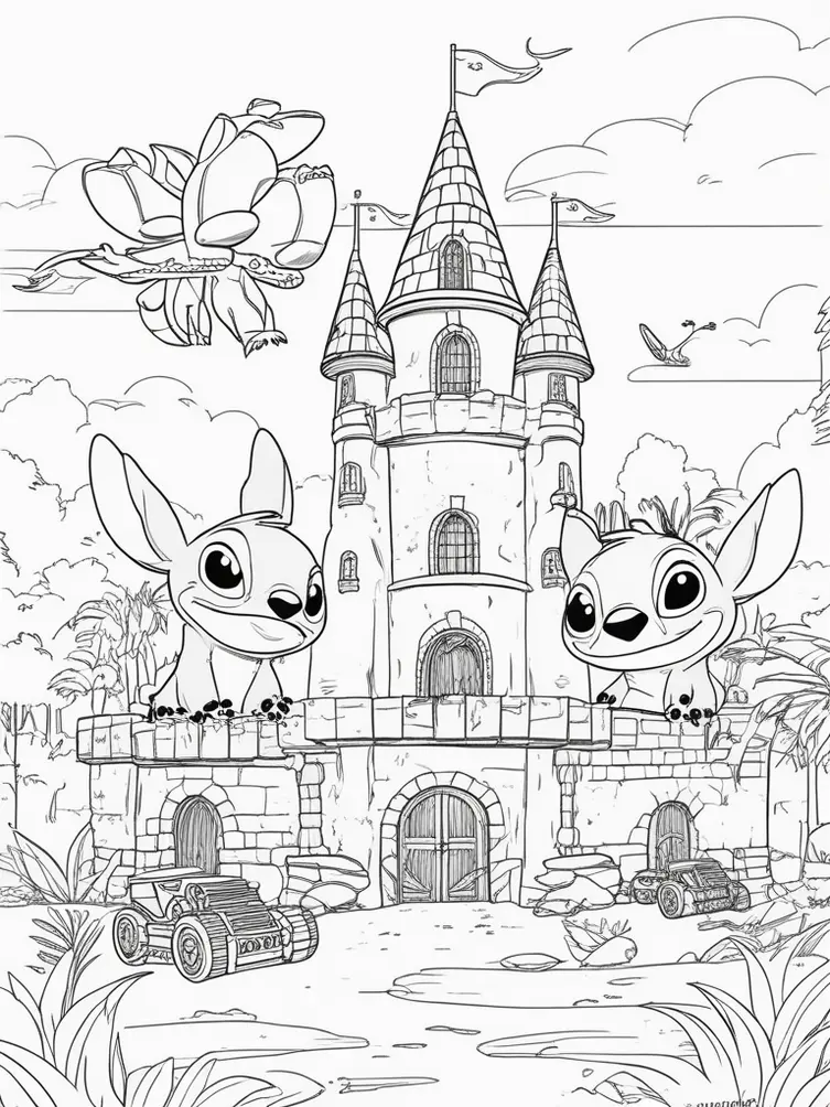 Dessin à colorier de Stitch et Lilo construisant un château de sable