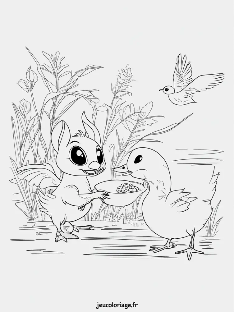 Dessin à colorier de Stitch nourrissant un canard