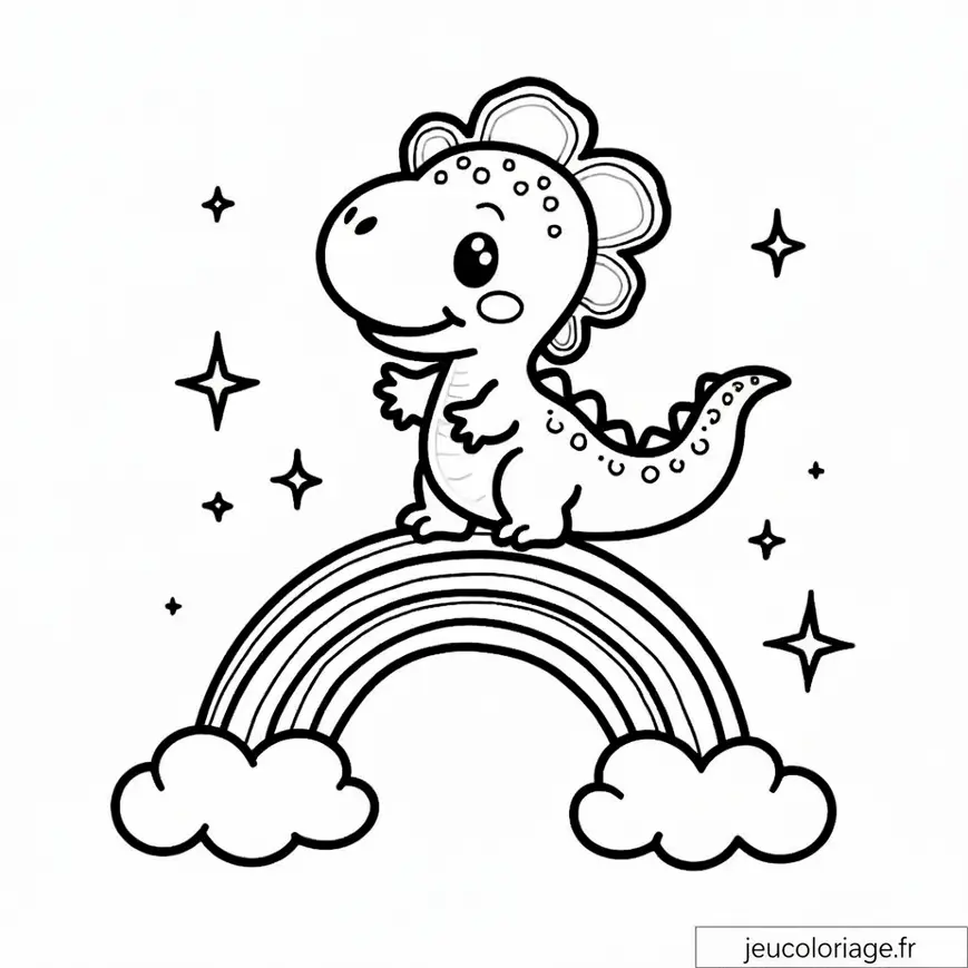 Doux dinosaure sur arc-en-ciel à colorier pour enfants