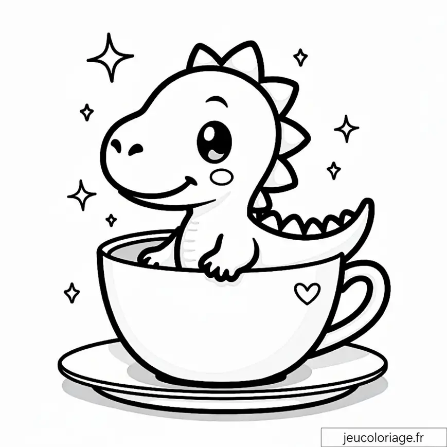 Adorable dinosaure dans une tasse à thé à colorier