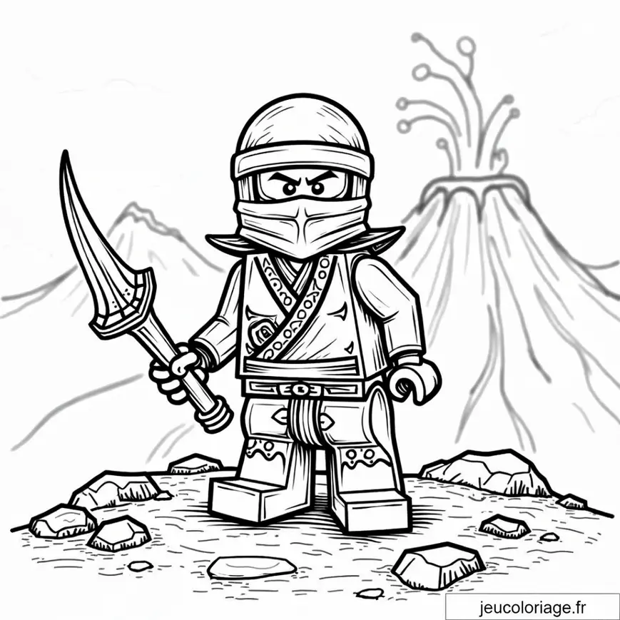Aventures épiques de ninja devant un volcan à colorier