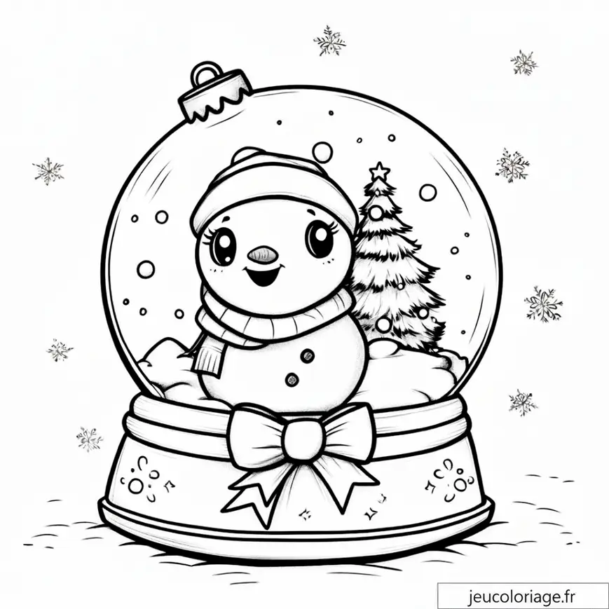 Boule à neige colorier : bonhomme de neige et sapin mignon