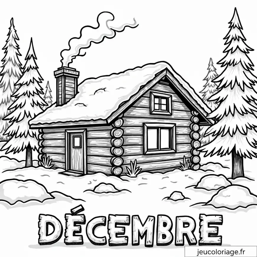 Chalet en bois enneigé à colorier pour l&rsquo;hiver