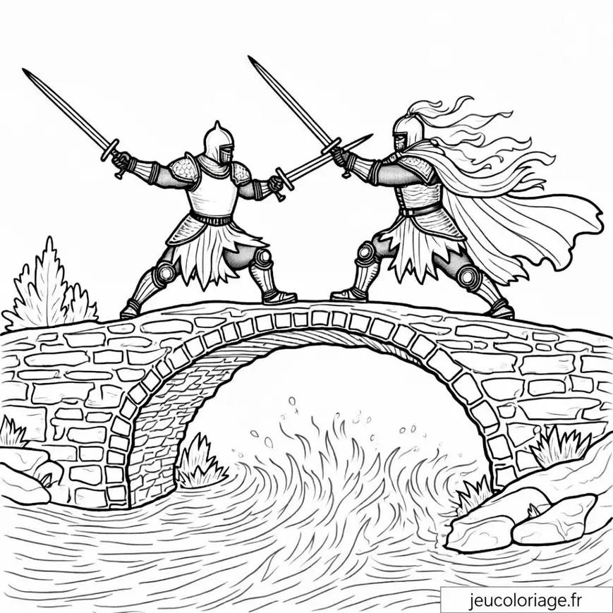 Chevaliers en Duel sur un Pont Médiéval à Colorier