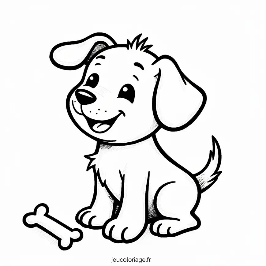 Chiot joyeux à colorier avec son os pour enfants