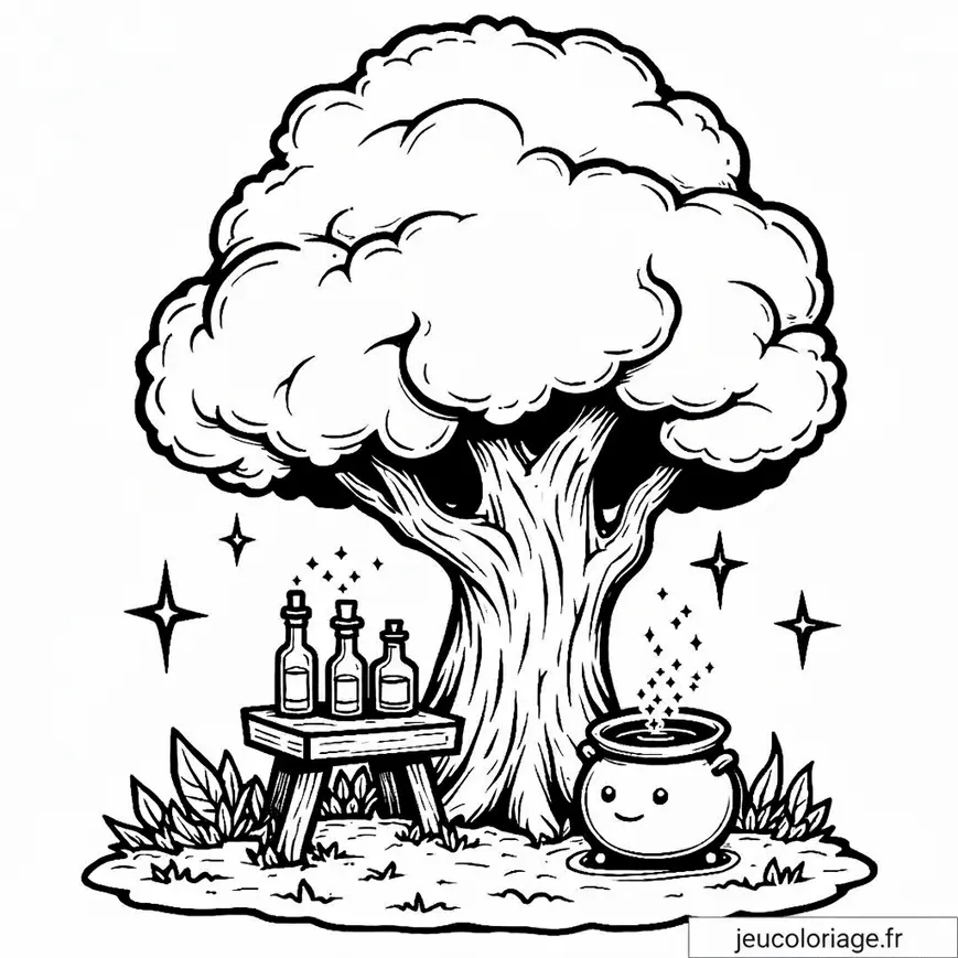 Colorez un arbre enchanté avec chaudron magique et potions