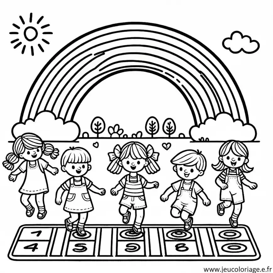 Coloriage Arc-en-Ciel et Enfants Jouant à la Marelle