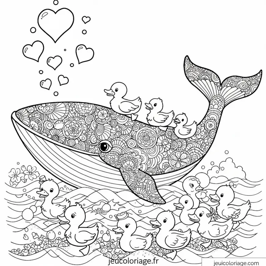 Coloriage Baleine Ornées et Canetons en Balade