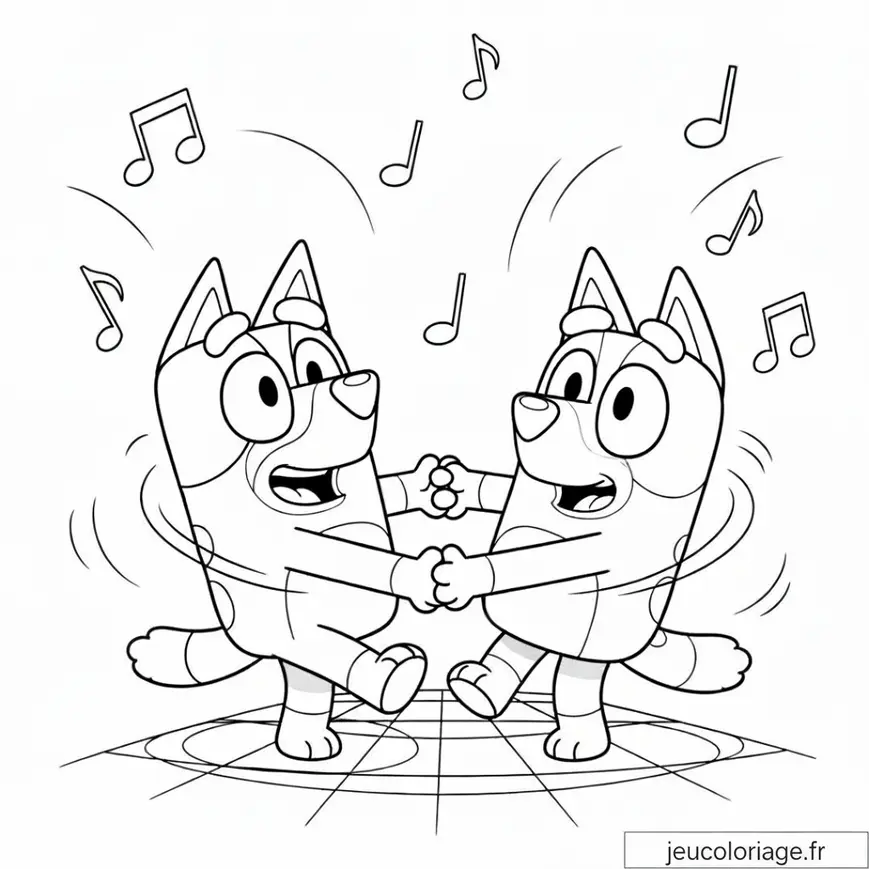 Coloriage Bluey et Bingo dansant joyeusement au rythme