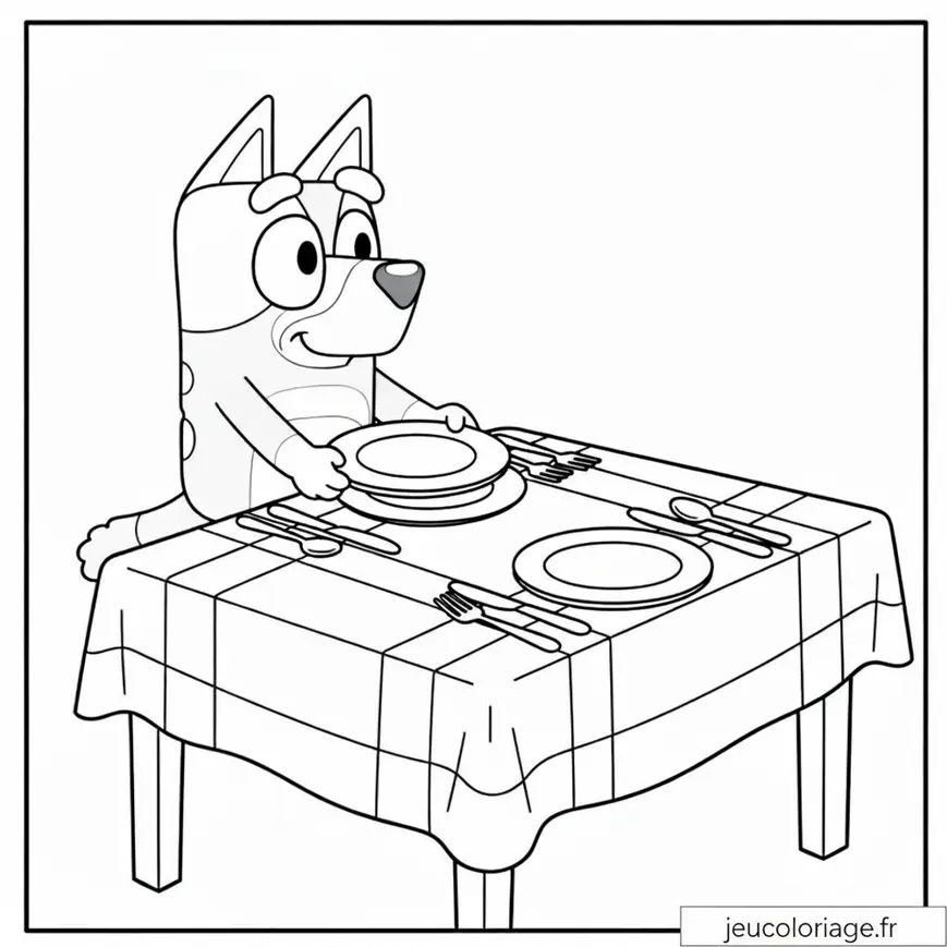 Coloriage Bluey prépare la table pour un repas divertissant