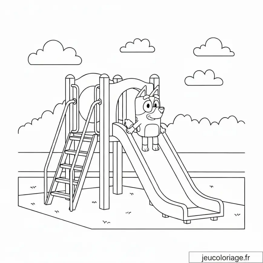 Coloriage Bluey sur le toboggan au parc