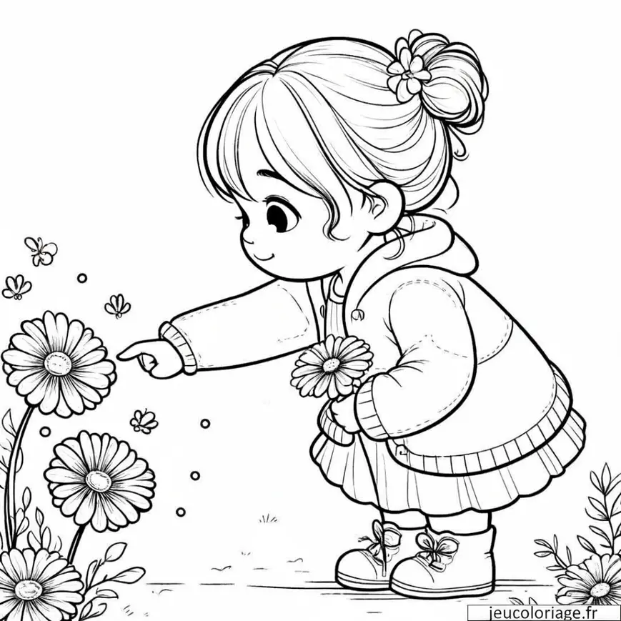 Coloriage Bébé Fille Admirant des Fleurs
