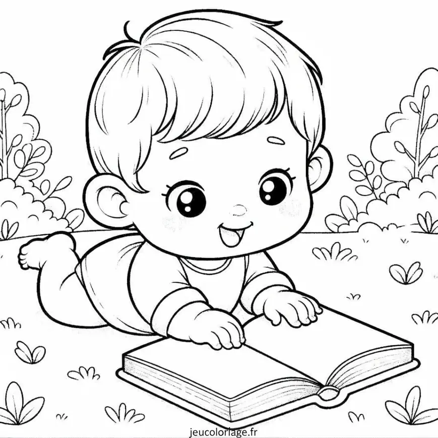 Coloriage Bébé Garçon Découvrant un Livre