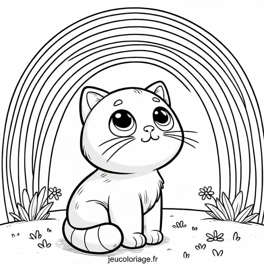 Coloriage Chat et arc-en-ciel
