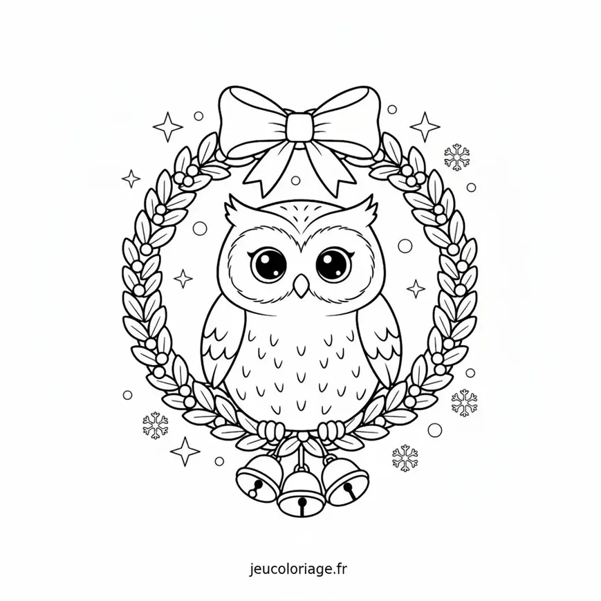 Coloriage Chouette Festive dans Couronne de Noël