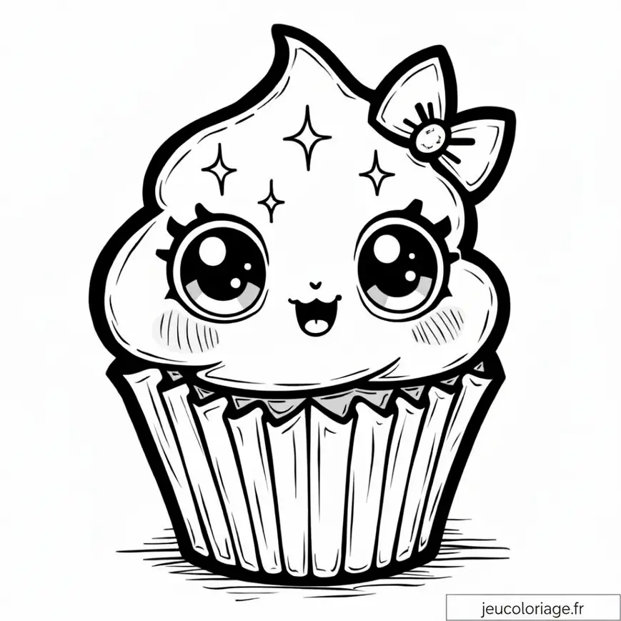 Coloriage Cupcake Kawaii Adorable avec Gros Yeux à Imprimer