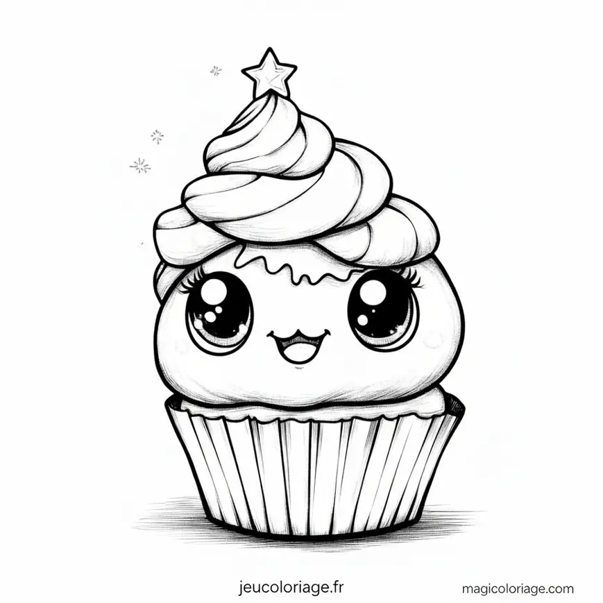 Coloriage Cupcake Mignon Kawaii à Imprimer pour Enfants