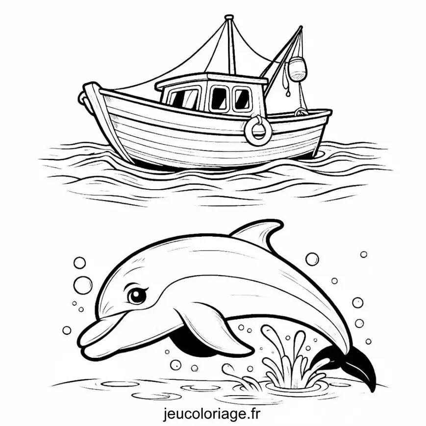 Coloriage Dauphin et un Petit Bateau de Pêche