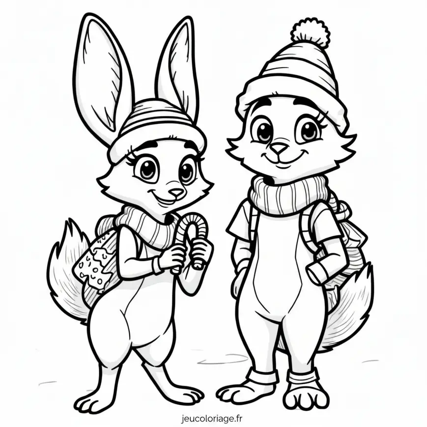 Coloriage Disney de Noël Judy Hopps et Nick Wilde en hiver