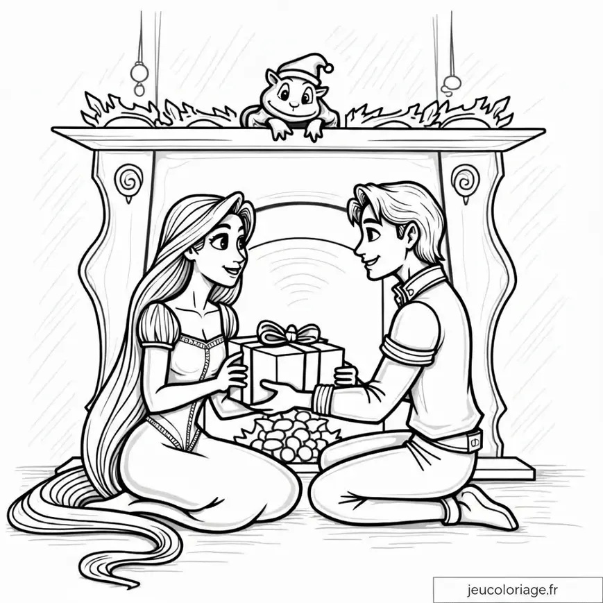 Coloriage Disney de Noël Raiponce et Flynn Rider échange de cadeaux