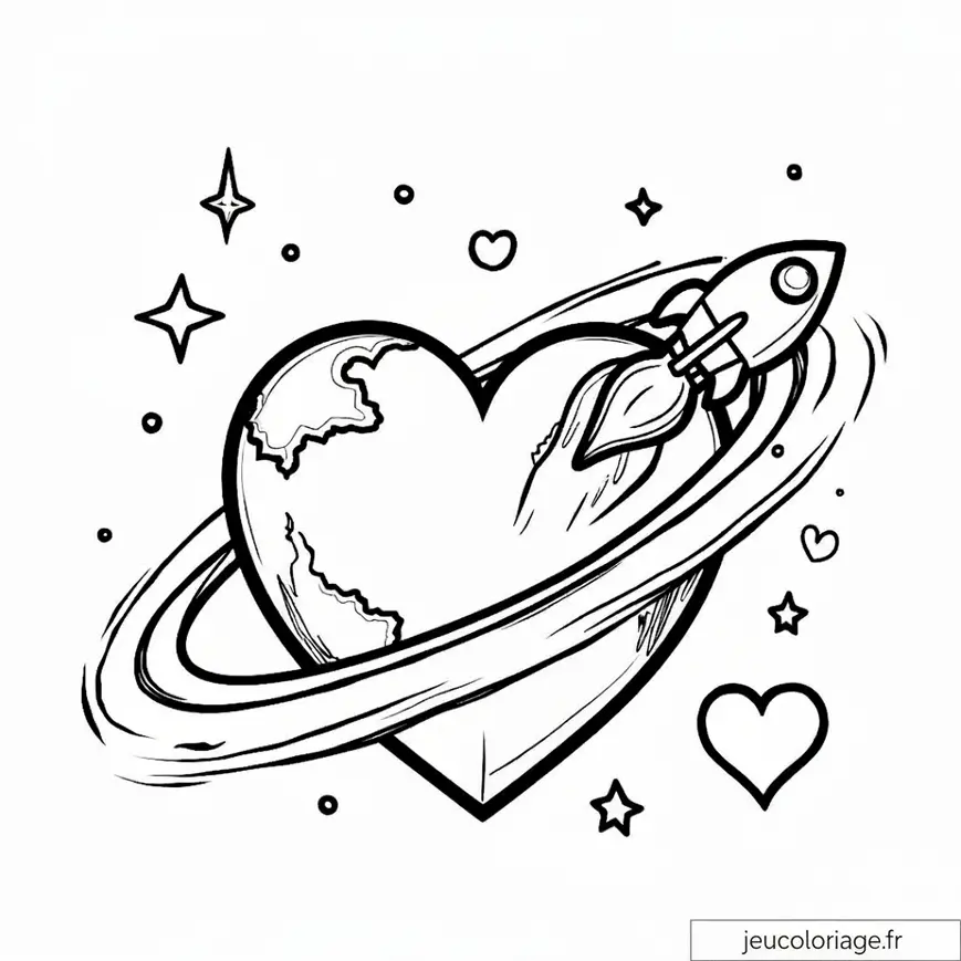 Coloriage Espace Amour avec Fusée et Planètes