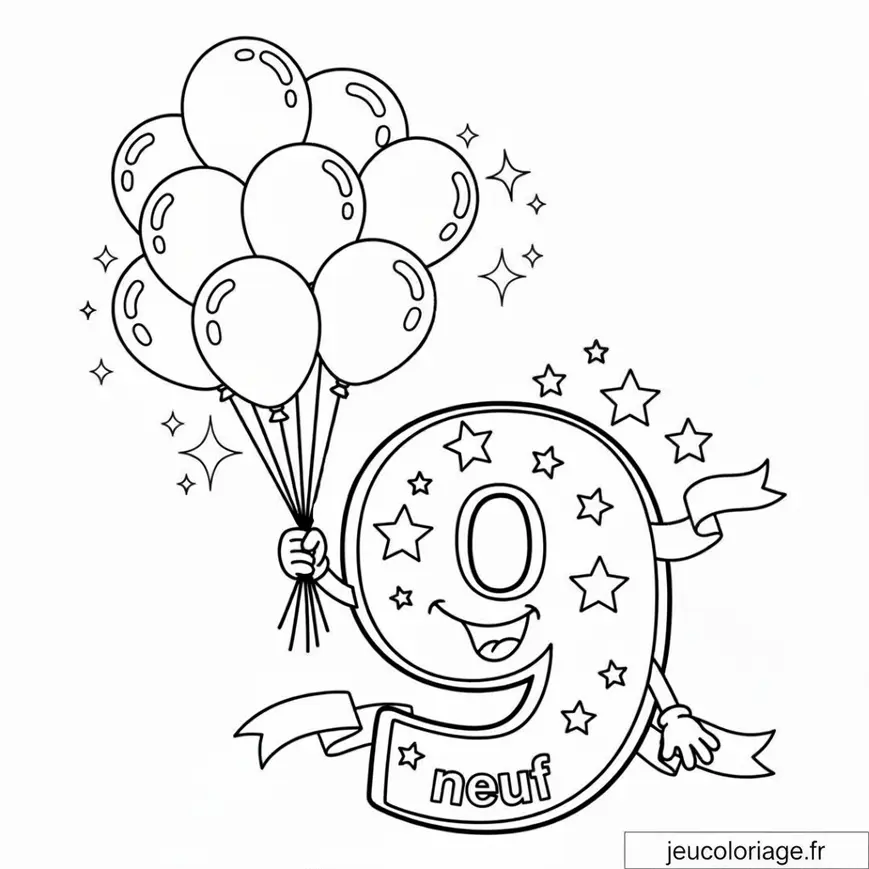 Coloriage Festif du Chiffre Neuf avec Ballons Joyeux