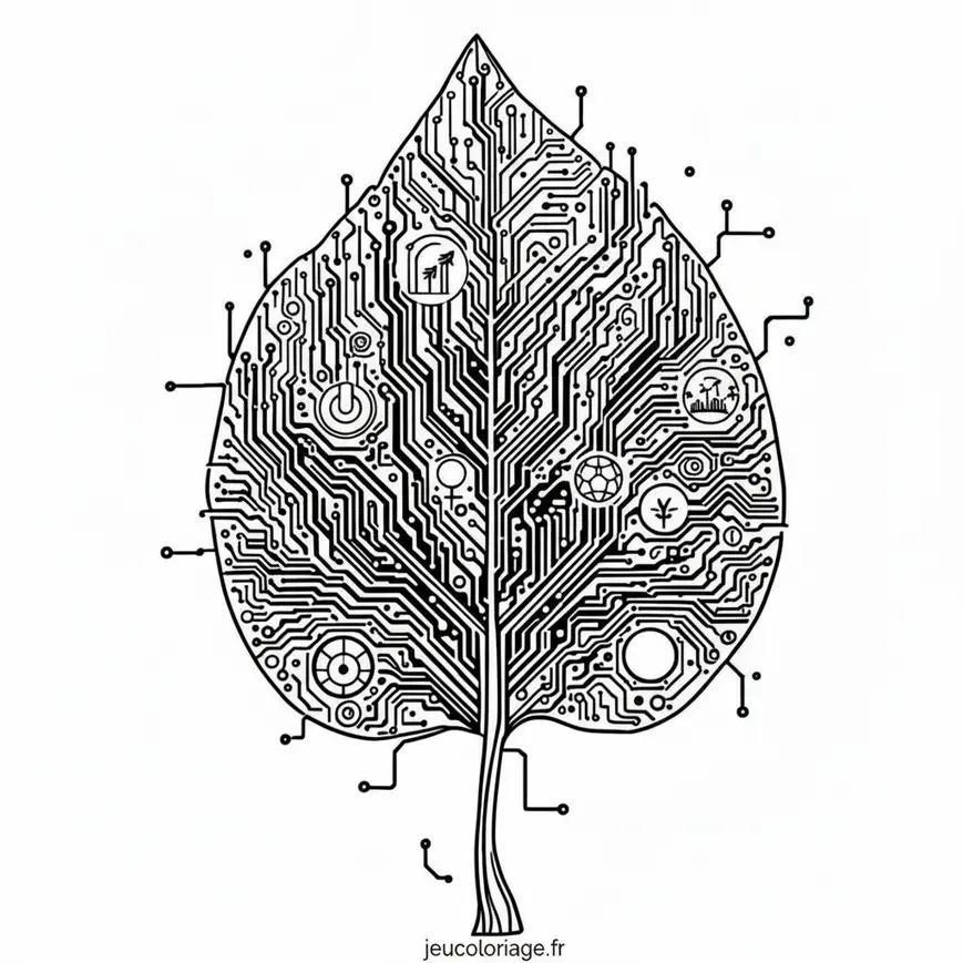 Coloriage Feuille de Circuit : Harmonie Électronique et Naturelle