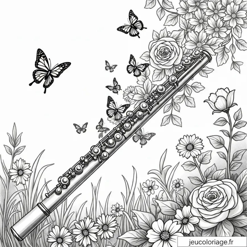 Coloriage Flûte Fleuri avec Papillons Épanouis