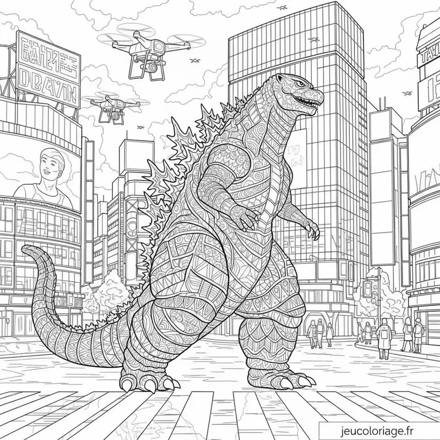 Coloriage Godzilla dans la ville face aux drones