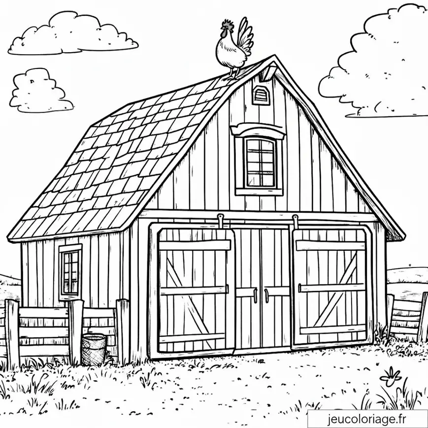 Coloriage Grange et Coq : Amusement Rural pour Enfants