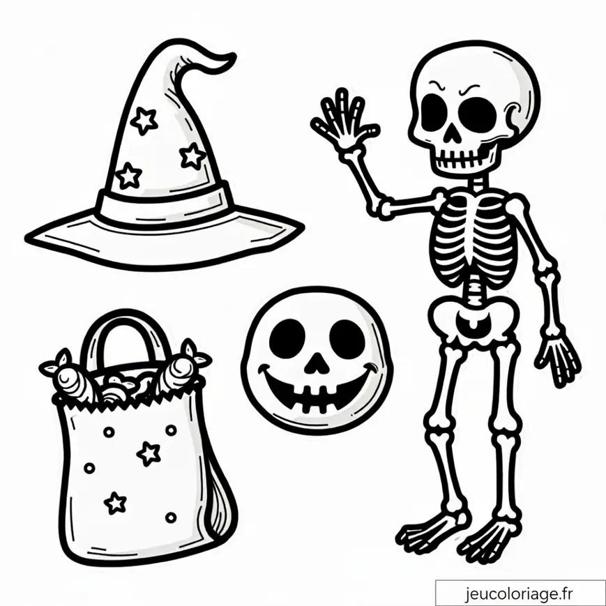 Coloriage Halloween : chapeau de sorcière, squelette et sac de bonbons