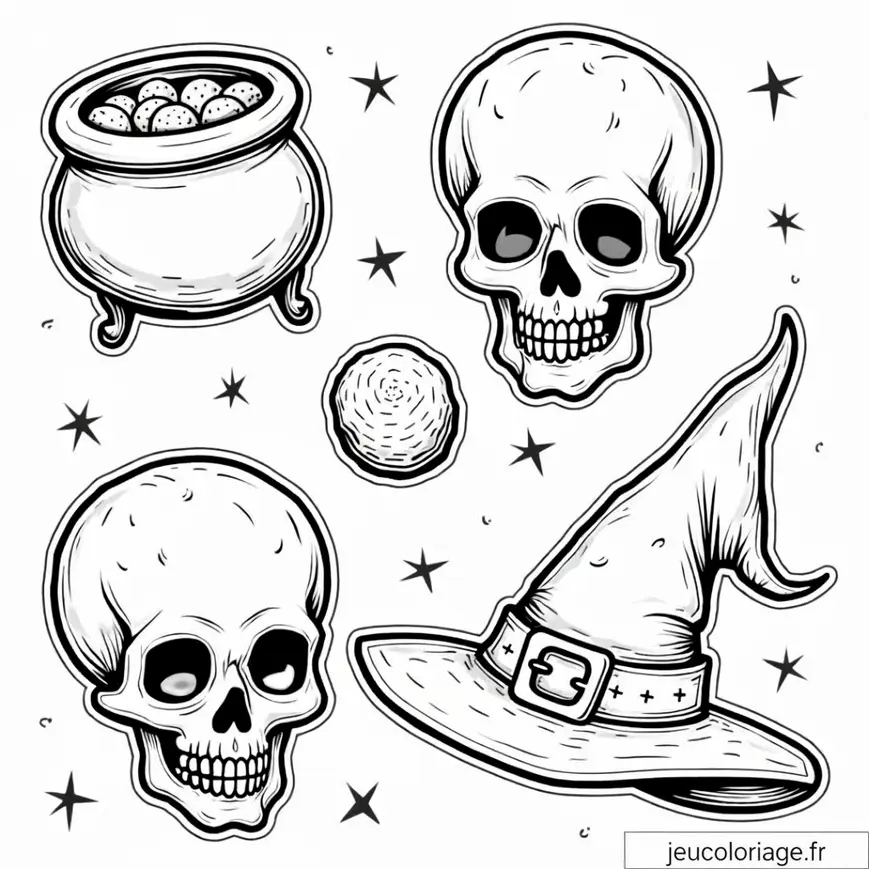 Coloriage Halloween : crânes, chaudron et chapeau de sorcière