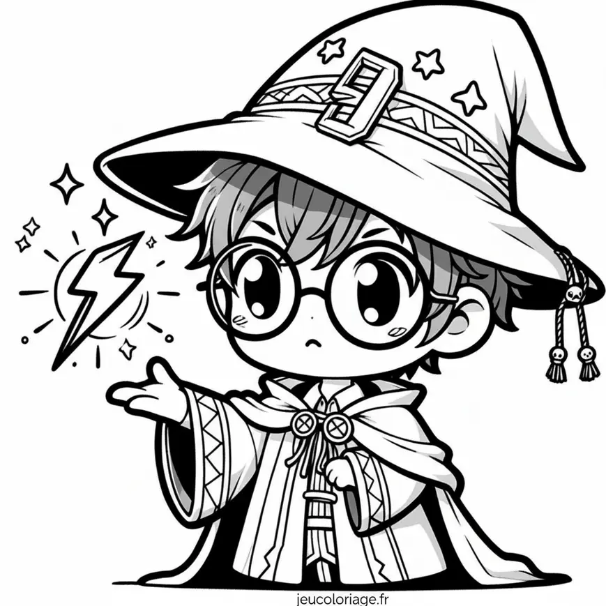 Coloriage Harry Potter chibi avec chapeau de sorcier et éclair magique