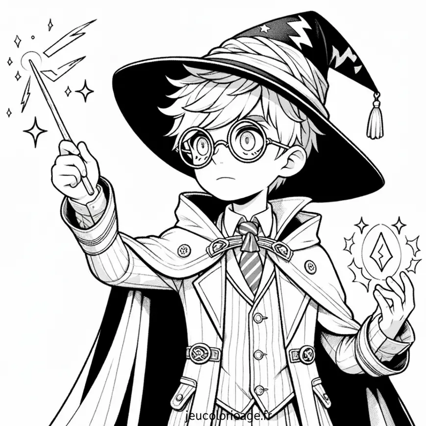 Coloriage Harry Potter en apprenti sorcier avec chapeau magique