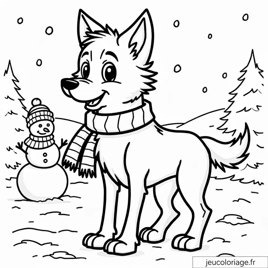 Coloriage Hiver avec Loup et Bonhomme de Neige Amusant