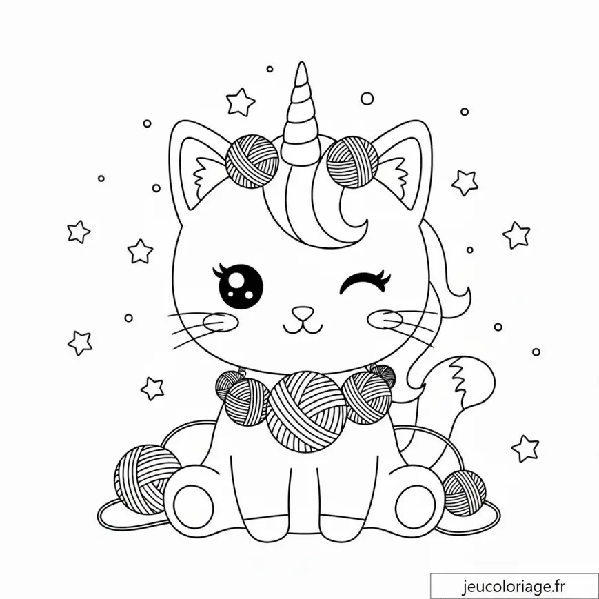 Coloriage Kawaii : Chat Licorne et Pelotes de Laine
