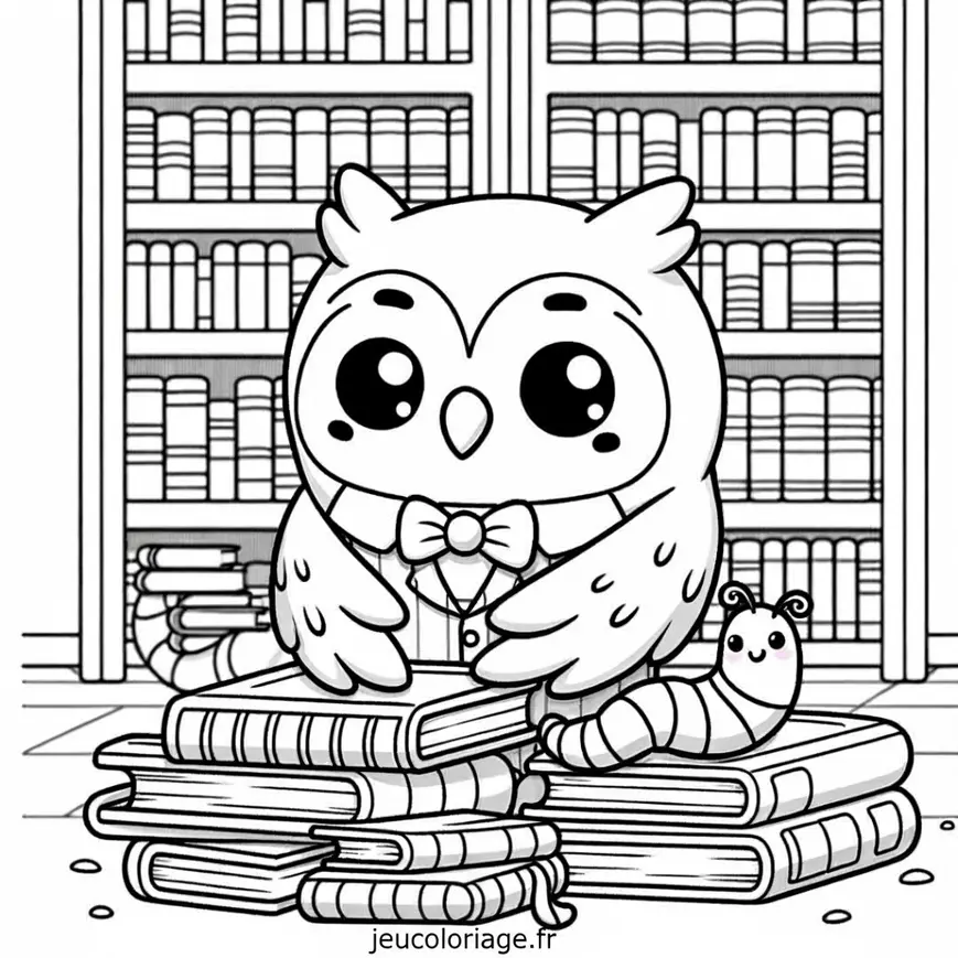 Coloriage Kawaii Chouette Bibliothécaire