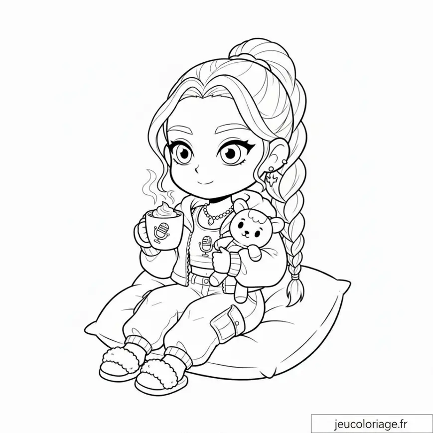 Coloriage Kpop Rumi: Moment Douillet avec Tasse et Peluche