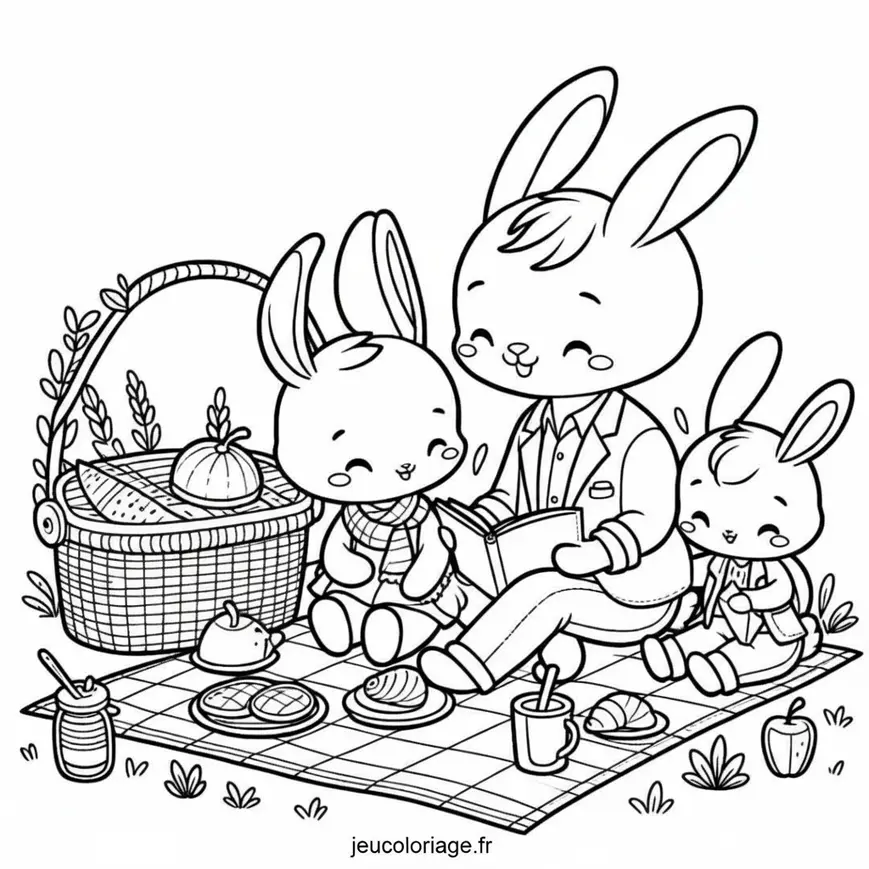 Coloriage Lapin et sa Famille en Pique-Nique