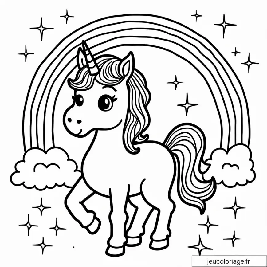 Coloriage Licorne Magique avec Arc-en-Ciel Étincelant