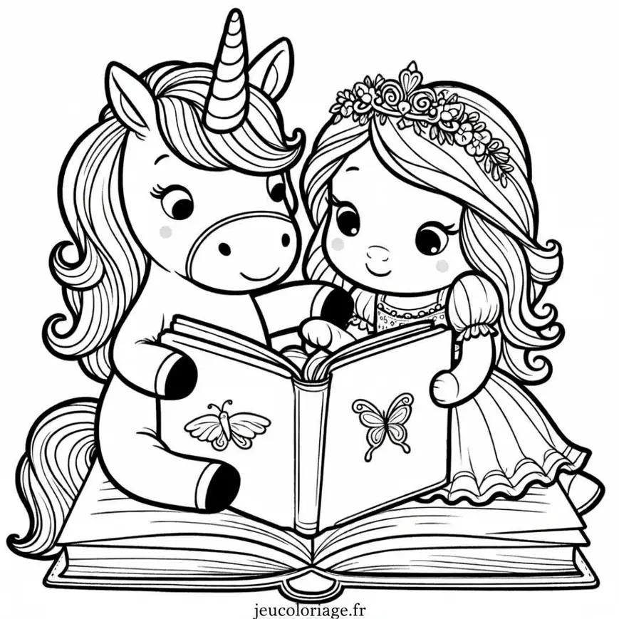 Coloriage Licorne et Princesse Lisant un Livre