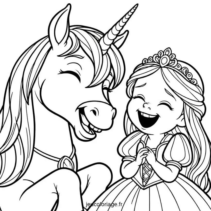 Coloriage Licorne et Princesse Riant Ensemble
