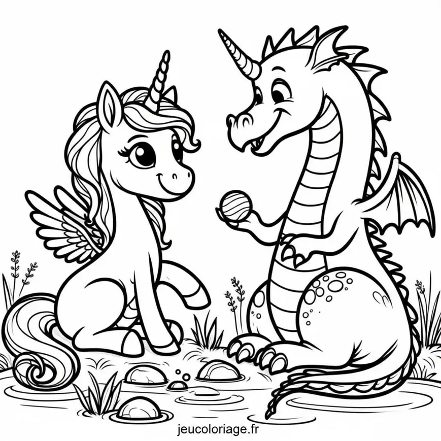 Coloriage Licorne et dragon